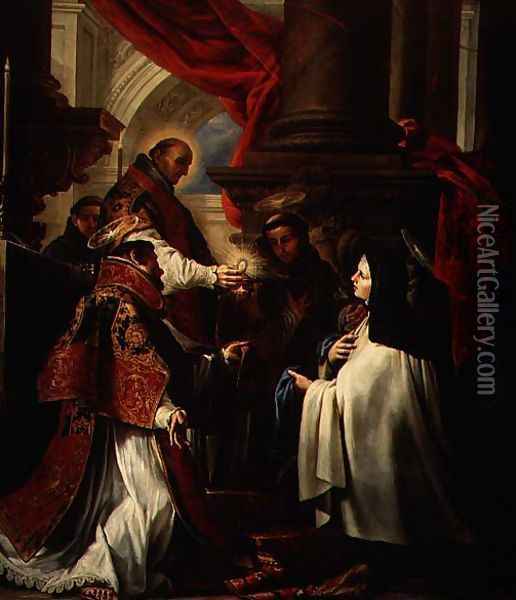 Communion of St. Teresa of Avila (1515-82) c.1670 Oil Painting - Claudio Coello