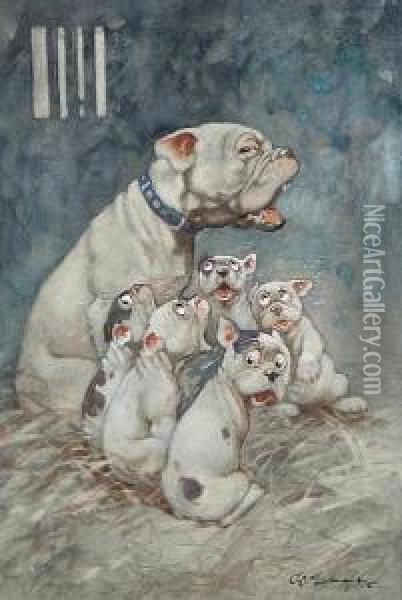 Dog With Five Puppies Oil Painting - George Ernest Studdy