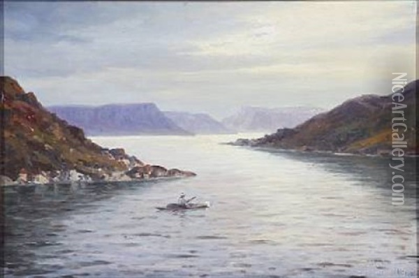 Proven. View From A Greenland Fjord With An Inuit In A Kayak Oil Painting - Emanuel A. Petersen