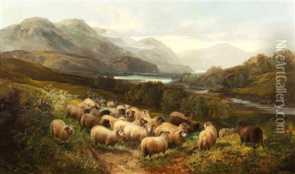 Sheep In An Extensive Highland Landscape Oil Painting - Joseph Denovan Adam