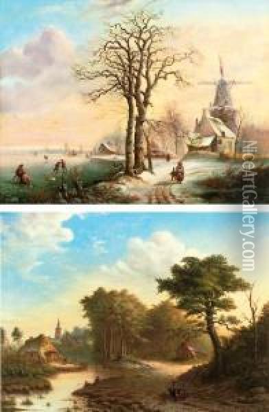 Summer And Winter In A Town Oil Painting - Joseph Magnus Stack