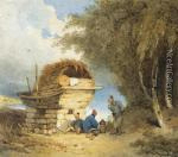 Chinese Peasants Cooking By A Junk Oil Painting - George Chinnery