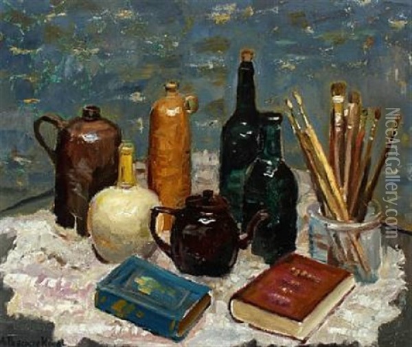 Still Life With Brushes, Bottles And Books Oil Painting - Matthias M. Peschcke-Koedt