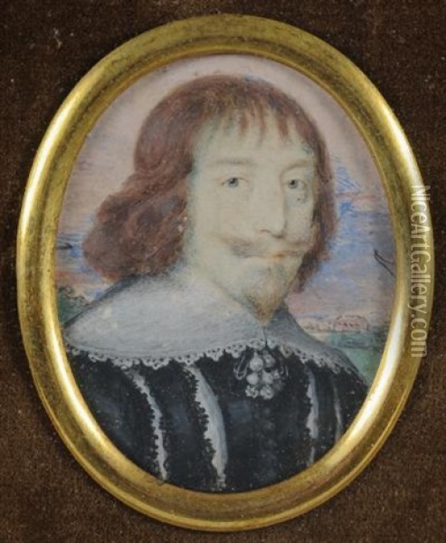 Portrait Of A Courtier, Head And Shoulders, Wearing A Black Doublet With Lace Collar Landscape And Sky Background Oil Painting - John Hoskins the Elder