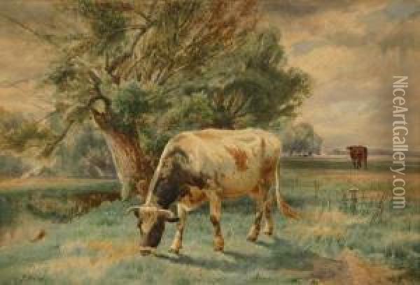 Cows Grazing In A Pasture Oil Painting - Peter Moran