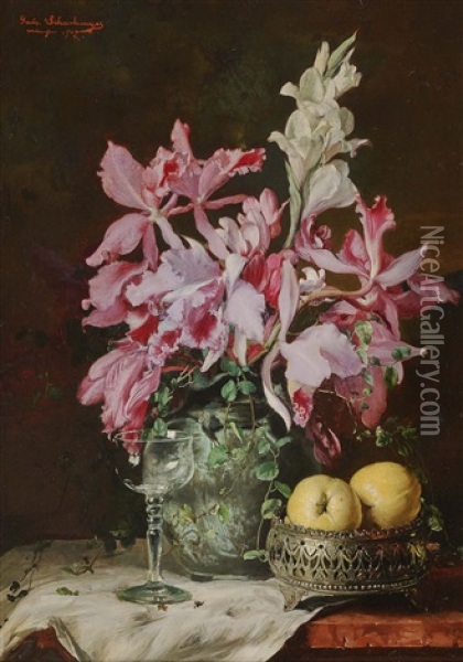 Still Life With Iris And Gladioli Oil Painting - Gabriel Schachinger
