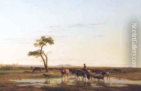 Watering the cattle in a vast landscape Oil Painting - Simon Van Den Berg