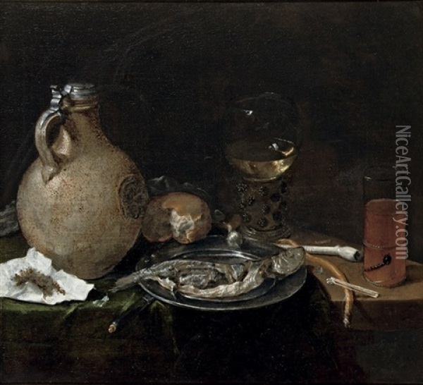 An Earthenware Jug, A Bun, A Roemer, Sliced Herring On A Pewter Plate Oil Painting - Cornelis Stangerus