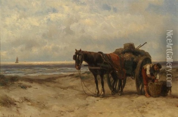 Shell Fisher On The Beach Oil Painting - Johannes Hermanus Barend Koekkoek