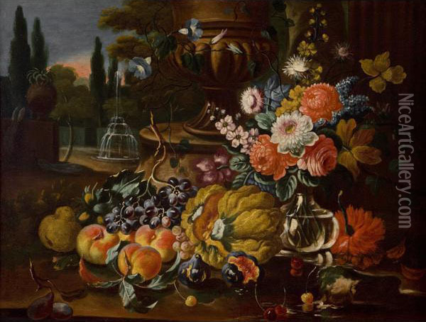 Natura Morta Con Frutta, Fiori E Zucca In Un Giardino Oil Painting - Giovanni Paolo Castelli Spadino