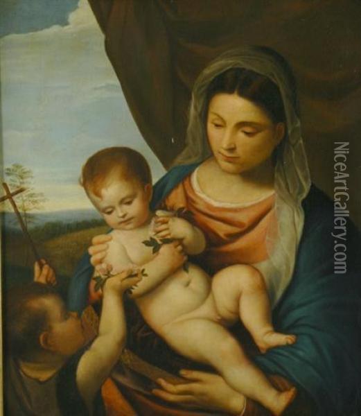 Madonna And Child With The Infant John The Baptist Oil Painting - Tiziano Vecellio (Titian)