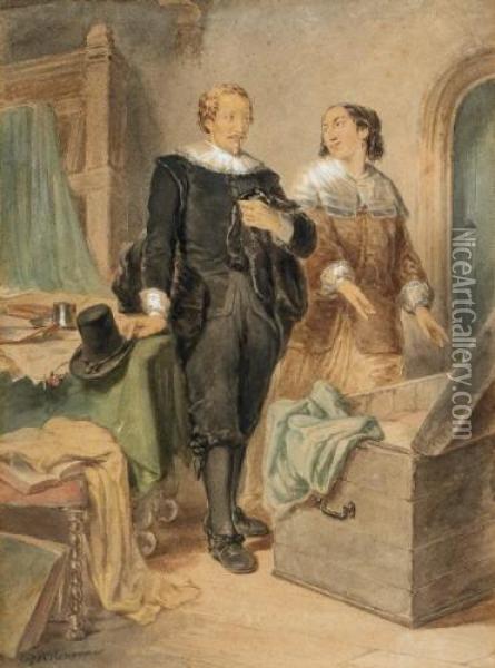 Mann Und Frau In Niederlandischer Tracht Vor Einer Truhe Oil Painting - Pieter Alardus Haaxman