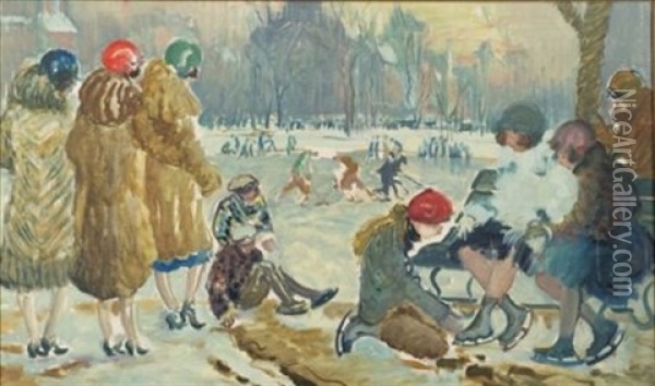 Skating At The Frog Pond, Boston's Public Garden Oil Painting - Arthur Clifton Goodwin