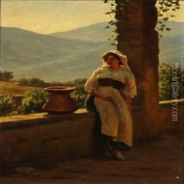 An Italian Woman Resting In A Pergola Oil Painting - Niels Frederik Schiottz-Jensen