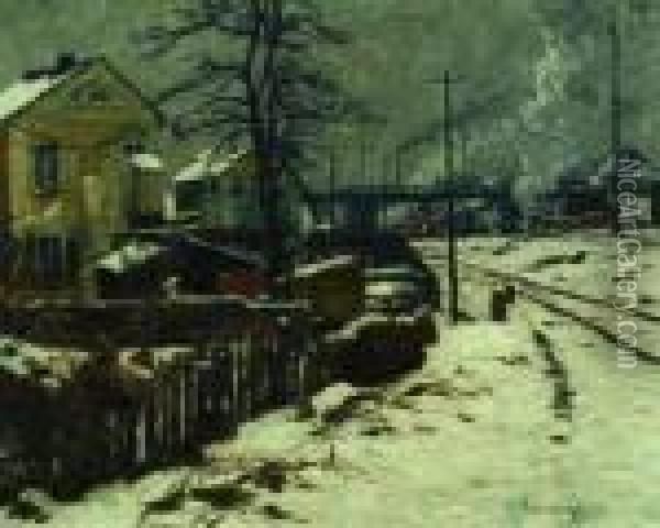 Winterliche Hinterhofe An Den Gleisen Oil Painting - Alfred Rasenberger