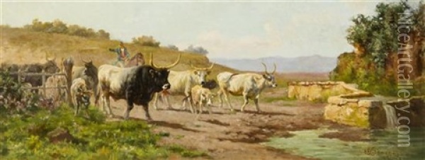 Oxen Approaching Watering Hole Oil Painting - Enrico Coleman