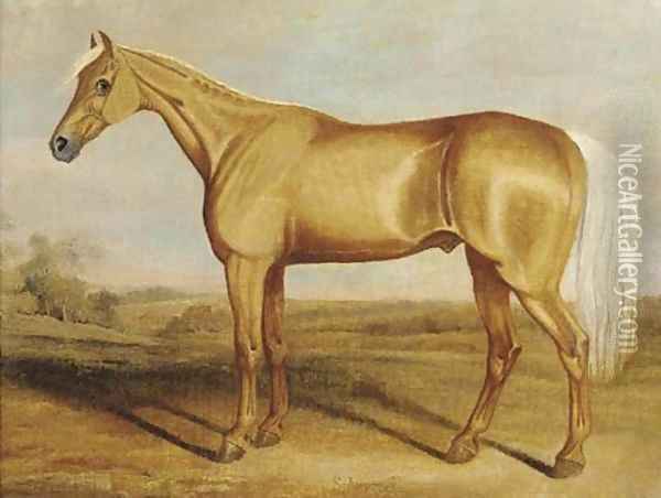 The racehorse Silvertail standing in an extensive landscape Oil Painting - James Russell Ryott