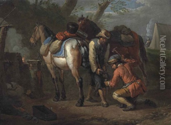 Two Figures Shoeing Horses In A Wooded Landscape, An Encampment Beyond Oil Painting - Pieter van Bloemen