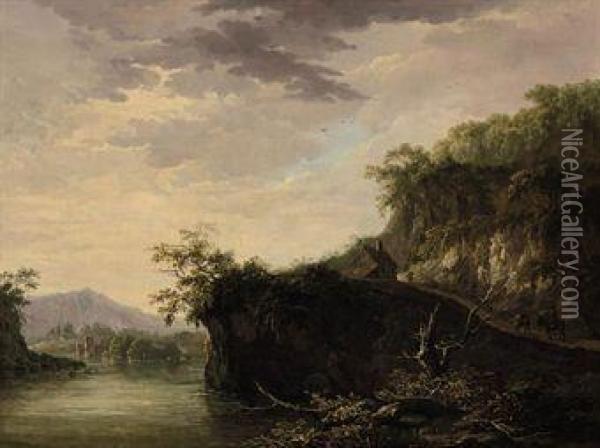 A Mountainous River Landscape With Figures On A Track Oil Painting - Daniel Dupre