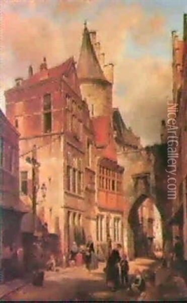 Town Scene With Figures Beforean Archway Oil Painting - Jean (Jan) Michael Ruyten