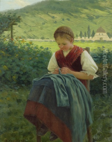 Die Junge Schneiderin (madchen In Tiroler Tracht Mit Einer Naharbeit) Oil Painting - Theodor Kleehaas