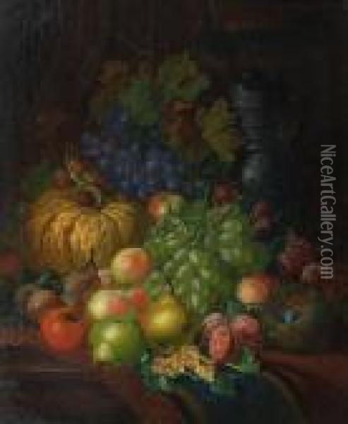 Pumpkin, Black And Green Grapes, Plums,peaches And Other Fruit On A Table Oil Painting - Charles Thomas Bale