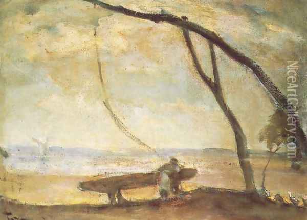 Shadoof Looming 1910s Oil Painting - Janos Tornyai