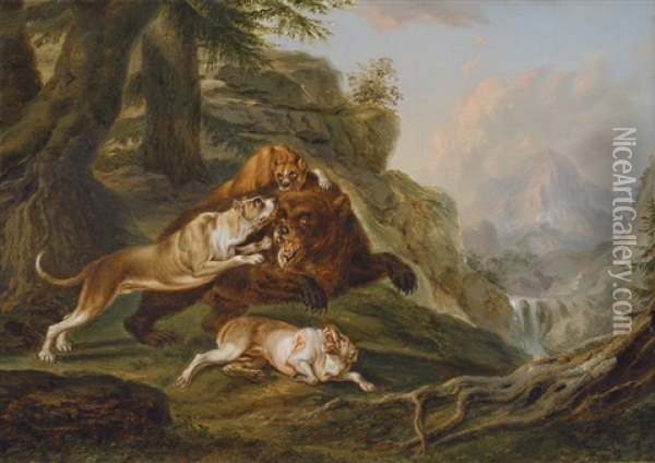 Boarhounds Attacking A Bear Oil Painting - Thaddaus Millian