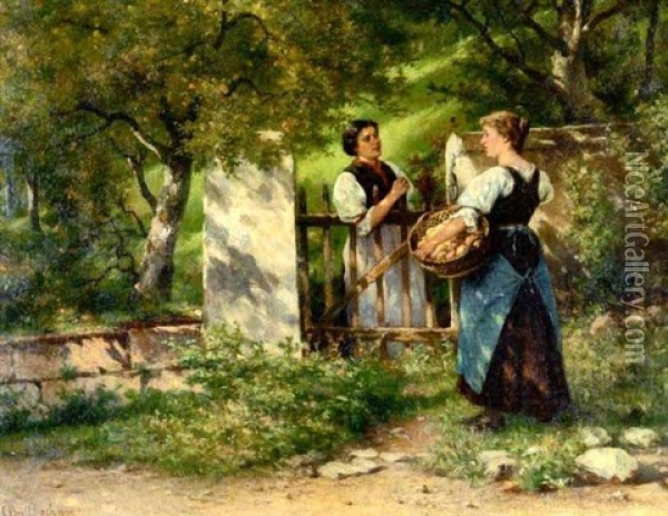 Neuigkeiten Der Apfelpfluckerinnen Oil Painting - Karl Breitbach