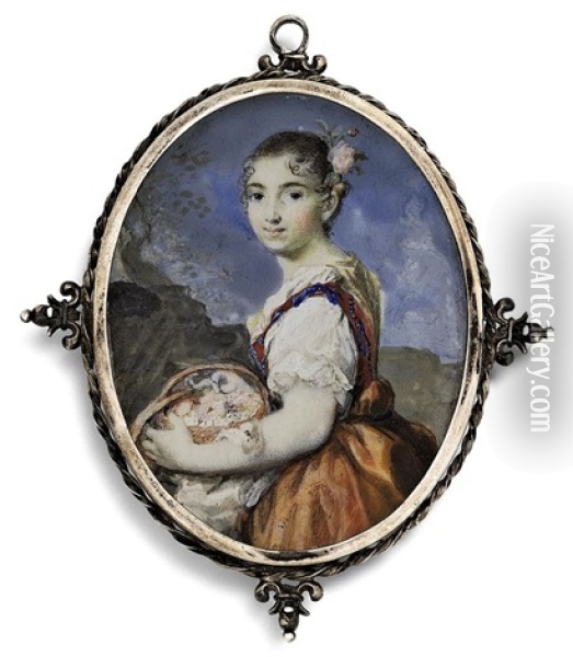 A Fine Portrait Of A Young Lady With A Fruit Basket, In Burnt Orange Dress With Red And Blue Strap, White Underdress, Flowers Decorating Her Hair Oil Painting - Rosalba Carriera