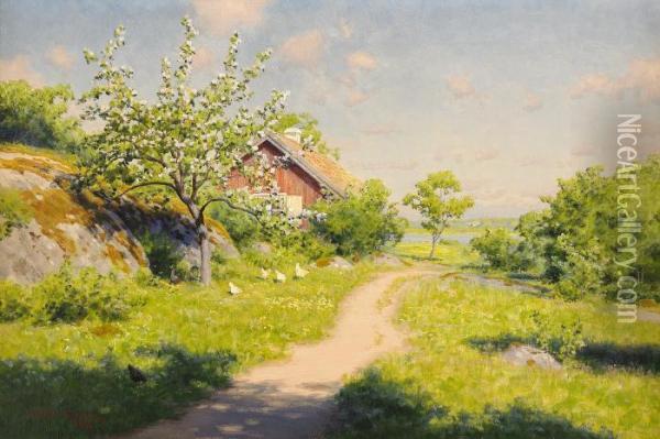 Vid Landsvagen - Gardsidyll I Sommargronska Oil Painting - Johan Krouthen