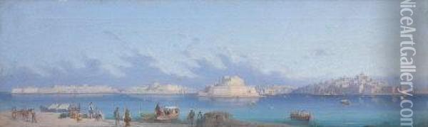 A View Of The Grand Harbour, Malta With Fort St. Angelo Andsenglea. Oil Painting - Gian Gianni