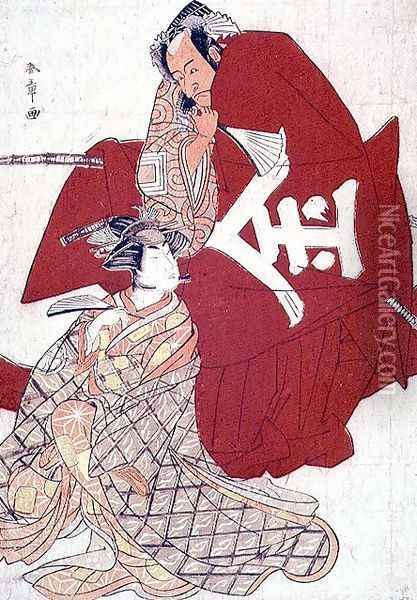 Ichikawa Danjuro V and Segowa Kikunojo, c.1770 Oil Painting - Yushido Shunsho