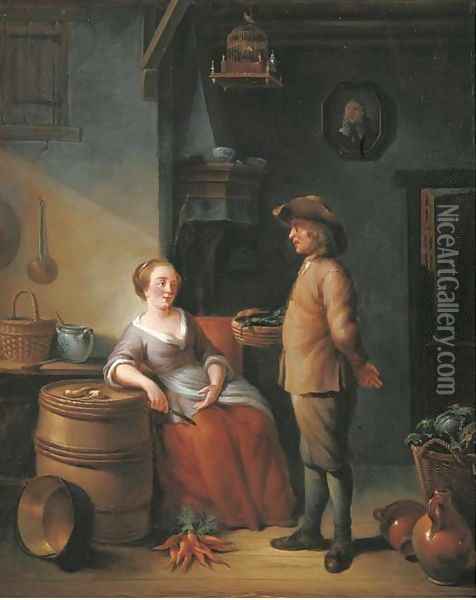 A kitchen interior with two servants conversing Oil Painting - Louis de Moni