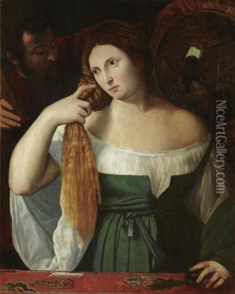 A Lady At Her Toliet Oil Painting - Tiziano Vecellio (Titian)
