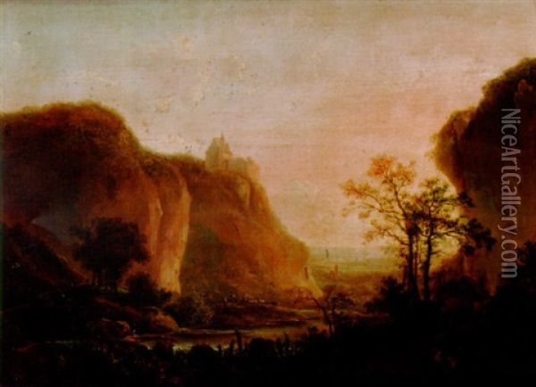 A River Landscape With Travellers Below A Hilltop Church Oil Painting - Hendrick Van Assche
