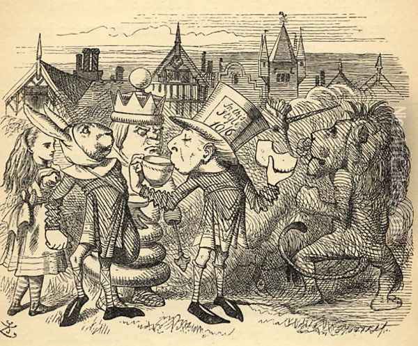 The Mad Hatter, Hare, the King and Alice, illustration from Through the Looking Glass by Lewis Carroll 1832-98 first published 1871 Oil Painting - John Tenniel