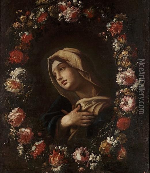 The Madonna Surrounded By A Garland Of Flowers Oil Painting - Mario Nuzzi Mario Dei Fiori