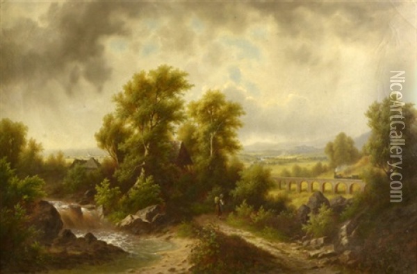 Landscape With A Railroad Bridge Oil Painting - Josef Burgaritzky