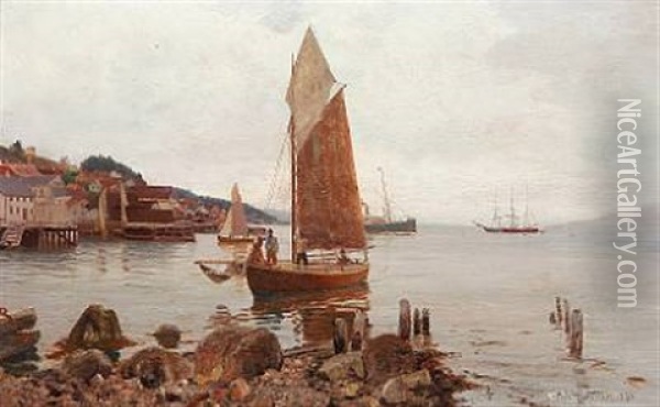 Coastal Scene From A Harbour Village Oil Painting - Nils Severin Lynge Hansteen