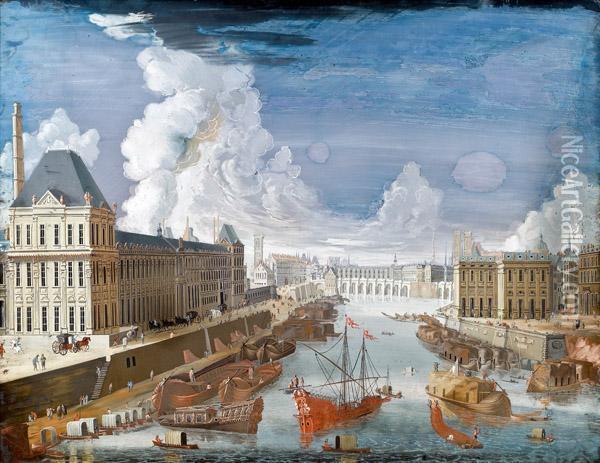 Paris Mit Der Seine - Vedute Mit Hafenbecken Und Schiffen Oil Painting - Johann Wolfgang Baumgartner