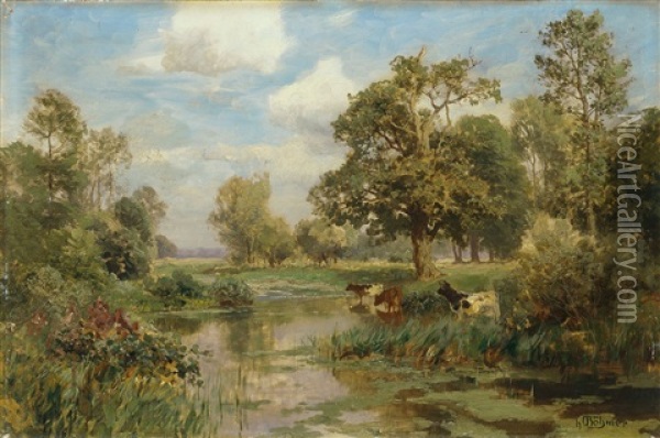 Baumbestandene Flusslandschaft Mit Kuhen Am Wasser Oil Painting - Heinrich Boehmer
