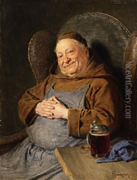 A Seated Monk With A Tankard Oil Painting - Eduard von Gruetzner