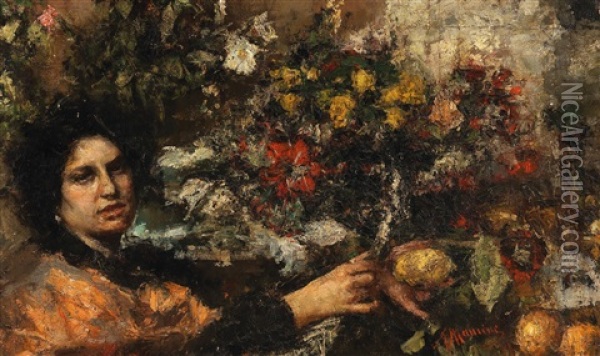 The Flower Seller Oil Painting - Antonio Mancini