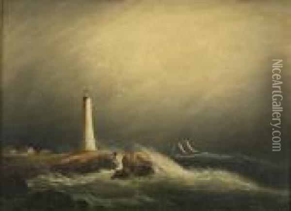 Ship In A Stormoff A Lighthouse Oil Painting - Clement Drew
