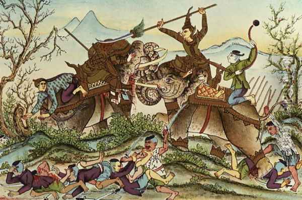 The Invincible Vorvong Decapitating his Opponent with One Stroke, illustration from the Cambodian Lengend of 'Vorvong and Saurivong', collected by Auguste Pavie on his Mission in Indo-China, 1879-98 Oil Painting - Anonymous Artist