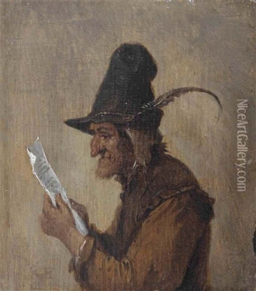 A Man In A Feathered Hat And Weathered Clothes, Reading A Letter Oil Painting - Joos van Craesbeeck