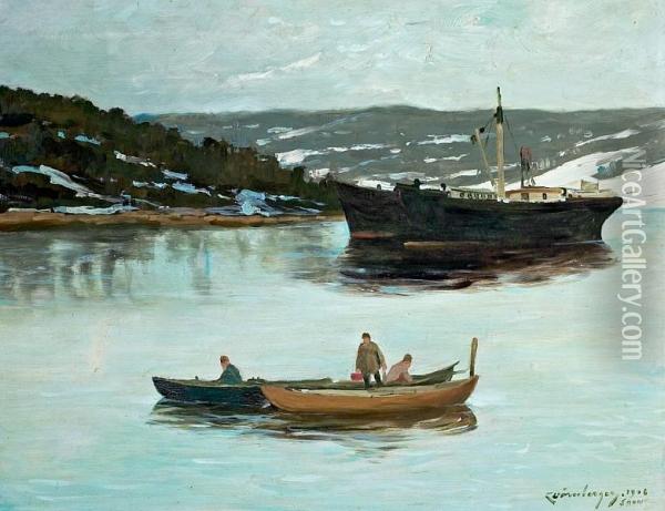 Ship And People In Prams On The Bay Off Soon, Norway. Signed K. Dornberger, 1908, Soon Oil Painting - Karl Johannes Dornberger