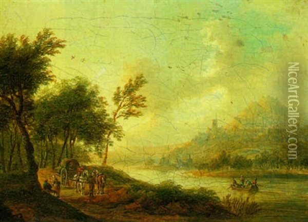 Rhenish Landscape With Travellers Oil Painting - Christian Georg Schuetz the Younger