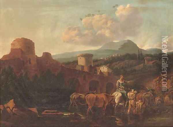 A landscape with drovers and their cattle fording a river Oil Painting - Nicolaes Berchem